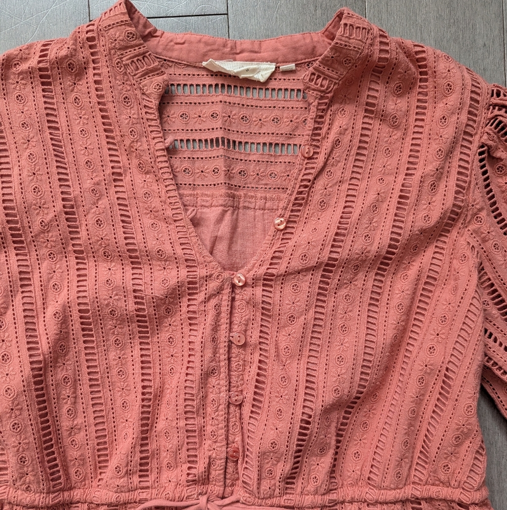 Forever That Girl Anthropologie mini dress Pink Coral Eyelet Long Sleeves Medium - Picture 5 of 11
